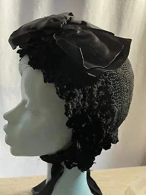 Antique Victorian Winter Black Knitted Crocheted Hat Bonnet W/ Bow Mourning ? • $168.59