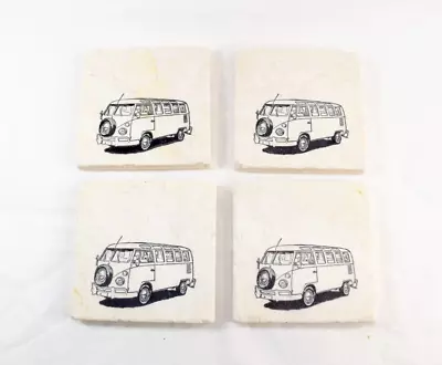 Volkswagen VW Bus Stone Marble Coaster Set 4 Cork Bottom White • $17.95