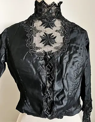 Antique Victorian SILK BLOUSE MALTESE CROSS LACE Black MOURNING Bodice TOP Goth • £55