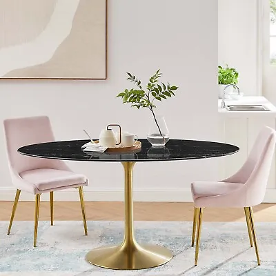Modway Lippa 60  Oval Artificial Marble Dining Table In Gold Black • $987.49