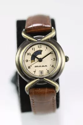 Milan Women Watch Moon Date Stainless Steel Gold Leather Brown WR Battery Quartz • $34.71