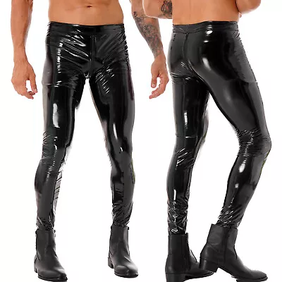 Men's Shiny Leather Motor Biker Tight Pants Skinny Slim Long Trousers Clubwear • $19.90