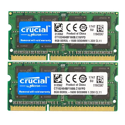 Crucial DDR3L 1600MHz 16GB(2 X 8GB)  SODIMM RAM PC3L-12800 2Rx8 Laptop Memory • $41.91