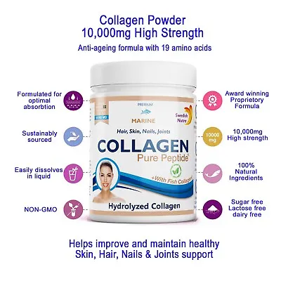 Collagen Powder Marine Award Premium Hydrolysed Pure Peptide 10000mg 30 DAYS  • £17.75