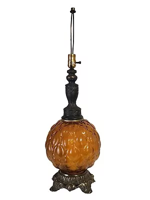 Vintage Mid Century Amber Glass Table Lamp Metal Base 28  Tall 3 Way Lighting • $149