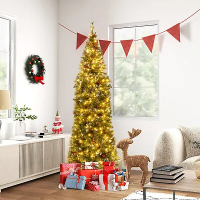 7FT Slim Christmas Tree Pre-Lit Hinged Decoration W/ 350 Lights & 46 Red Berries • $99.99