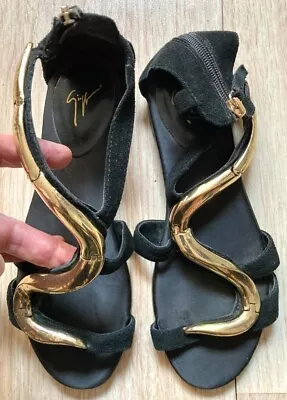 Giuseppe Zanotti Metallic Gold Noun Black Leather Flat Sandals EU 37 US 6.5 • $69.99