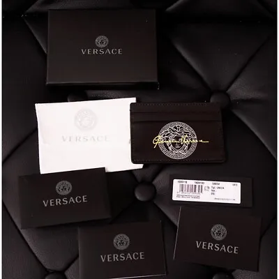 NEW $350 VERSACE  Black Leather White LARGE MEDUSA LOGO Small CARD CASE Wallet • $136.50
