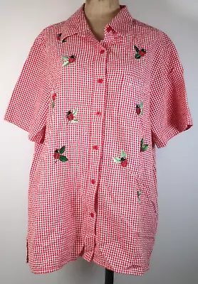 The Quacker Factory L Red Checked Seer Sucker Short Sleeve Lady Bug Button Top • $13.52