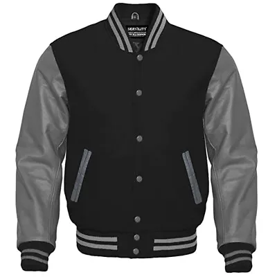 £69.99 • Buy Premium Letterman Varsity Bomber Jacket Black Wool & Real Gray Leather Sleeves