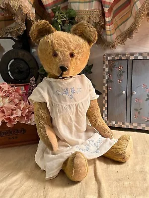 22” ANTIQUE 1910s AMERICAN MOHAIR TEDDY BEAR IN VINTAGE EMBROIDERED BABY CLOTHES • $285