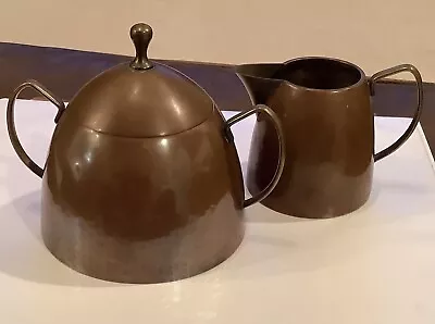 Copper Creamer And Lidded Sugar Bowl Metal Serving Set Vintage Brass Handles VTG • $18