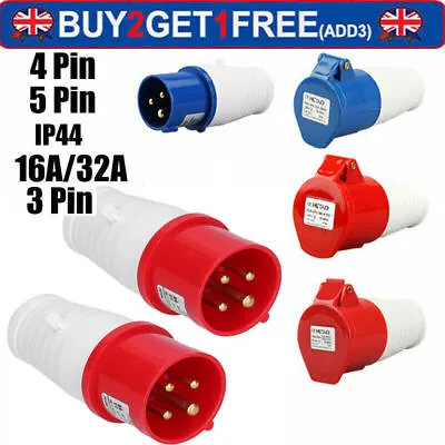 Sockets Connectors 3 PHASE 16A/32A IP44 Waterproof 3/4/5 Pins Industrial Plugs • £5.79