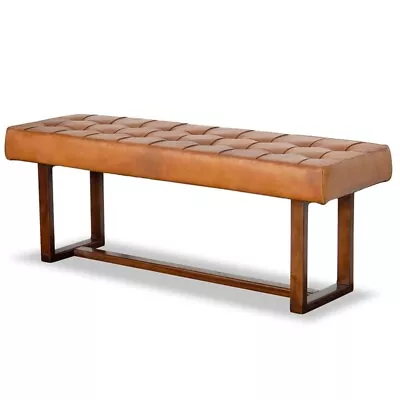 Pemberly Row Mid-Century Button-Tufted Genuine Leather Upholstered Bench In Tan • $329.58