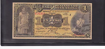 1913 - El Banco Peninsular Mexicano S.A - 1 Peso Series-A Note - • $35.99