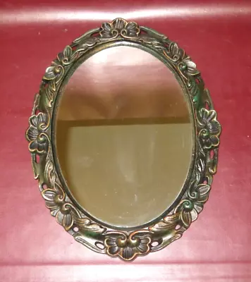 Vintage 17  Tall Cast Iron Floral Pattern Decor Framed Oval Hanging Wall Mirror • $62.40