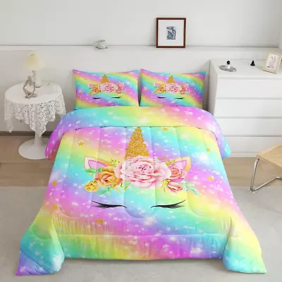 Comforter Set Size Pink Floral Girls Bedding Set 3pcs For Kids Full Unicorn • $40.23