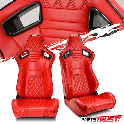 2 × Reclinable Universal Red PVC Leather Sport Racing Bucket Seats Pair • $315.69