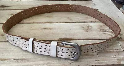 Off White Tooled Cut Out Detail Genuine Leather 4 Cm Wide Belt 105-116 Cm 42 44 • $32