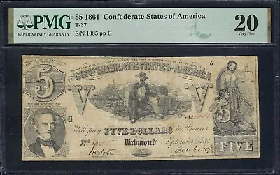 T-37 PF-1 $5 1861 Confederate States Of America Currency Banknote PMG VF 20! • $125
