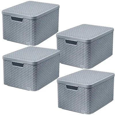 4x Storage Box Container Grey Basket 4x 30L Lidded Handle Curver Rattan Style L • £44.40