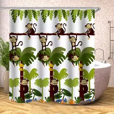 Fabric Shower CurtainTropical Jungle Animals Monkey Cartoon Forest Green Lea... • $34.55