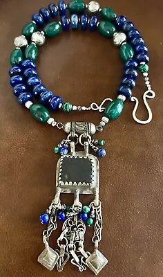 Hirz Moroccan Berber Amulet Talisman W/ Lapis Lazuli & Green Malachite Necklace. • $179