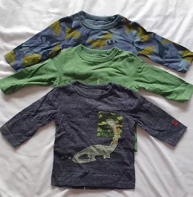 Next Baby Boys Blue/Grey Dinosaur Long Sleeve T-shirts 3 Pack Size:6-9 M Summer • £8.99