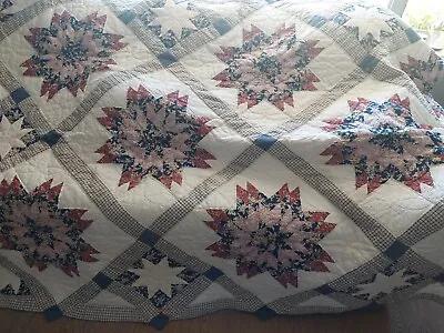 Vintage Quilted Patchwork 8 Pointed Star Quilt  Queen With Two Vintage Pillows • $105