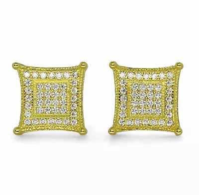 Mens 10mm Kite Studs 14k Gold Plated Micro Pave Cz Screw Back Earrings Hip Hop • $24.99