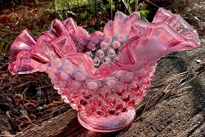 Fenton Hobnail Bowl Cranberry Opalescent Ruffled Edge Vintage • $28