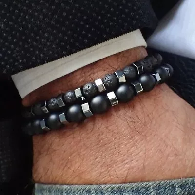 Men's Gemstone Strand Bracelet Black Magnetic Hematite Beads Energy Healing Yoga • £6.99