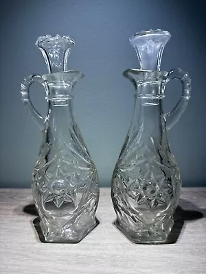 Vintage Clear Cut Glass Oil & Vinegar Bottles Toppers 8” Cruet Set • $9.99