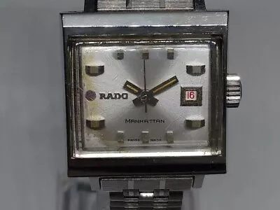 Rado Manhattan Watch Vintage Women's Silver Rectangle Automatic Day/Date Swiss • $139