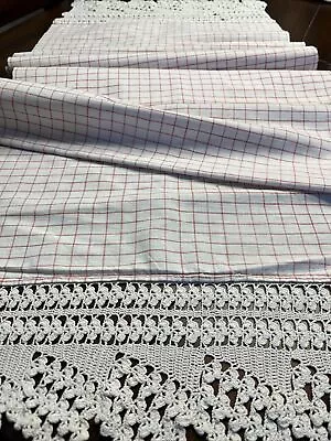 Vtg Handmade White & Red Windowpane Plaid Cotton Table Runner Wide Crochet Trim • $14.95