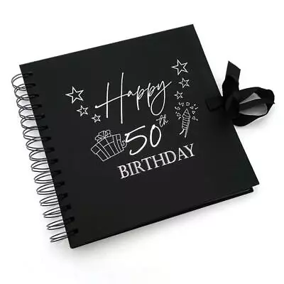 50th Birthday Present Black Scrapbook Guest Book Photo Album Silver Script • £13.99