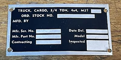 M37 Dodge Army Truck Serial Number Data Plate • $18