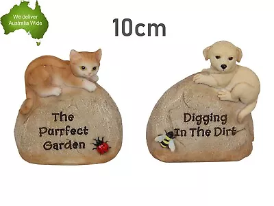 2pcs 10cm CUTE CAT DOG ON GARDEN ROCK Ornament Figurine Statues Sculpture Gift • $26.99