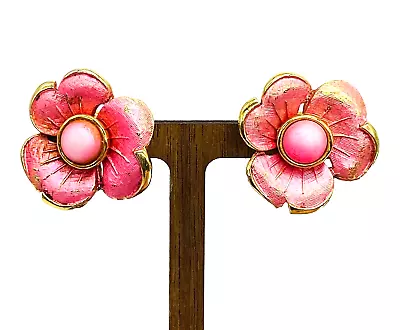 Vintage Earrings Pink Enamel And Gold Tone Flowers Clip On • $9.97