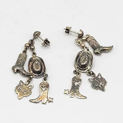 Vintage Earrings Dangles Sterling Silver Wolf Cowboy Boots Hat Jewelry Post Stud • $49.99