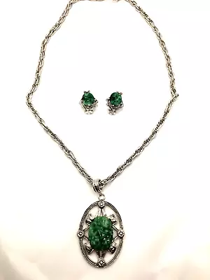 Whiting & Davis Necklace/Earrings ~ Silver Tone ~ Faux Jade ~ Vintage • $16