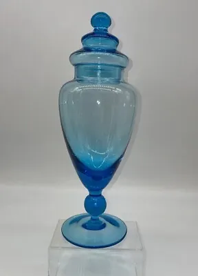 Vintage Italian Empoli Hand Blown Apothecary Jar Candy Dish Blue Aqua • $52.35