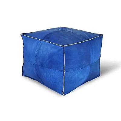 Comfortable Leather Ottoman Pouf - Handmade Unstuffed Moroccan Pouf Blue Square • $59.26