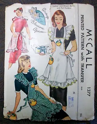 Vintage 40s McCall Sewing Pattern 1377 Orange Blossom Ruffled Full Bib Apron • $15