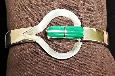Vintage 925 Sterling Silver Malachite Inlay Hinged Loop Bracelet Taxco Mexico • $48