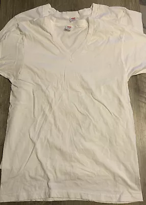 Vintage Hanes V Neck T Shirt Sz Lrg White Blank Made In USA. Brand New Lot Of 2 • $29