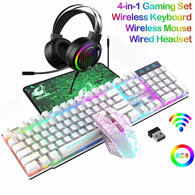 $18.99 • Buy 4-in-1 Computer Wireless Gaming Keyboard Mouse And PC Headset Set USB Rainbow