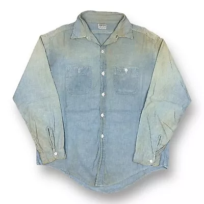 Vintage Hercules Sanforized Chambray Work Shirt Distressed Workwear 50s Size XL • $174.99