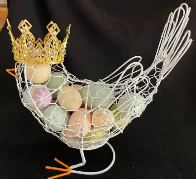 VINTAGE Potpourri Holder  White Metal BIRD With Crown And Easter Eggs   USA • $55