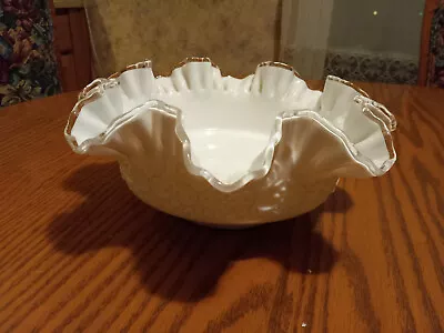 Vintage Fenton 9.5  Milk Glass Spanish Lace Silver Crest Ruffled Art Glass Bowl • $20